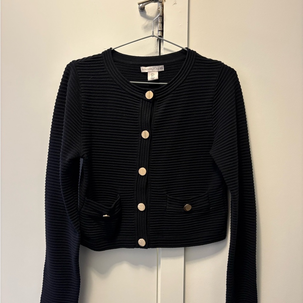 Sincerely Jules Black Ribbed Button-Front Cropped Jacket
